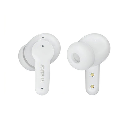 White Korons Translator Earbuds with 'Translator' branding on a white background