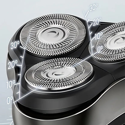 Close-up of a black Kozenix electric shaver with rotating heads on a light gray background
