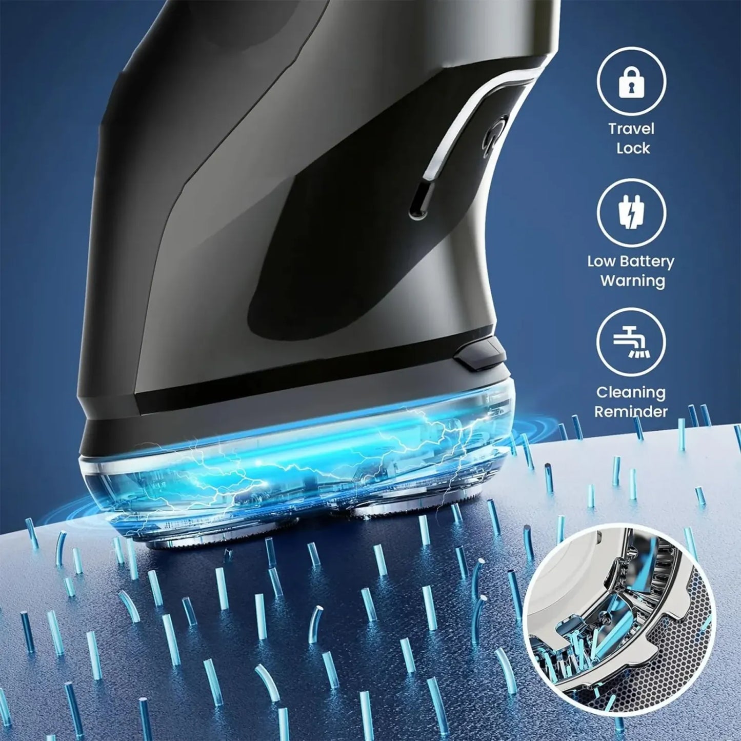 Black electronic Kozenix Shaver with blue light on a blue background, featuring icons for travel lock, low battery warning, and cleaning reminder.