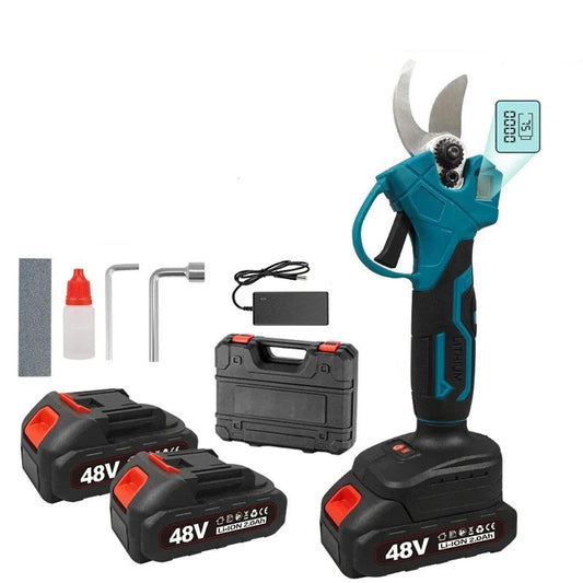 Lawnora Cordless Electric Secateurs with batteries and charger on a white background