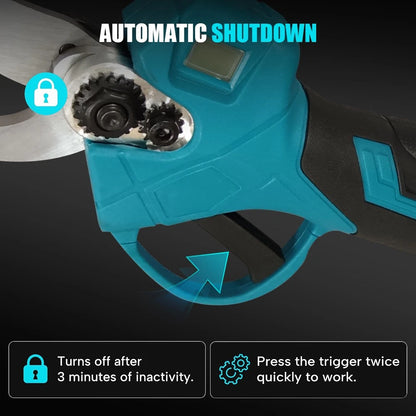 Close-up of a blue Lawnora Cordless Electric Secateurs with automatic shutdown feature highlighted on a dark background.