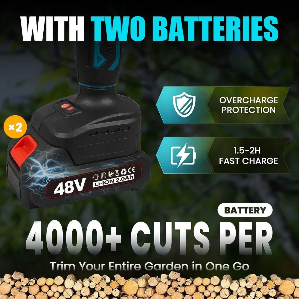 Battery pack with text highlighting features and usage, set against a blurred garden background. 