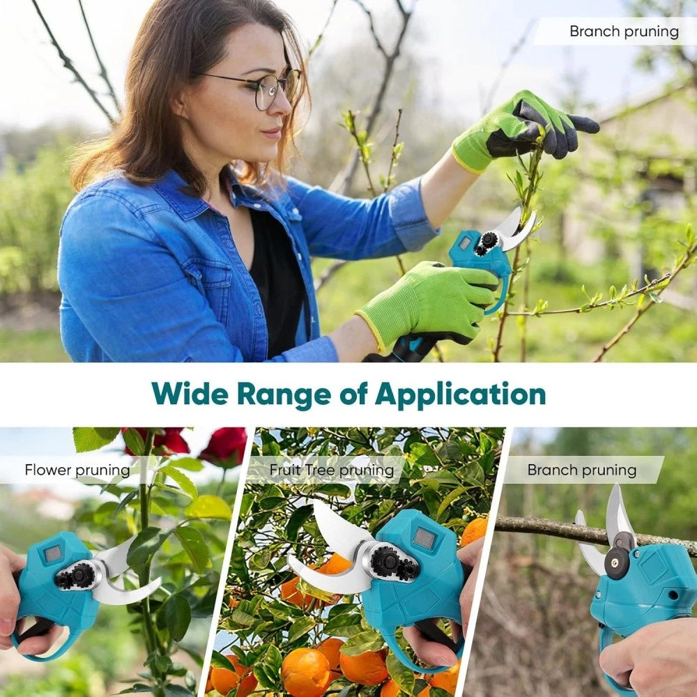 Woman using gardening shears with text on wide range of Lawnora Cordless Electric Secateurs