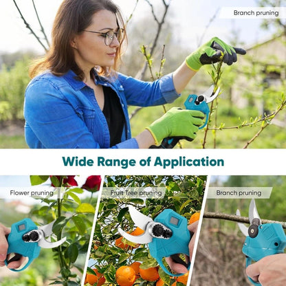 Woman using gardening shears with text on wide range of Lawnora Cordless Electric Secateurs