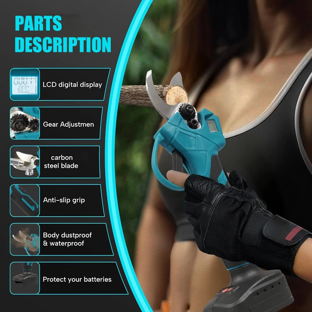 Person holding a blue gardening tool with features listed on the left
