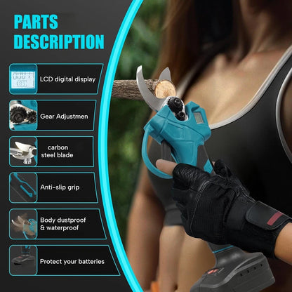 Person holding a blue gardening tool with features listed on the left
