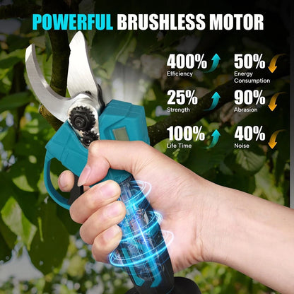 Lawnora Cordless Electric Secateurs a blue electric pruning shear with performance stats on a green leafy background