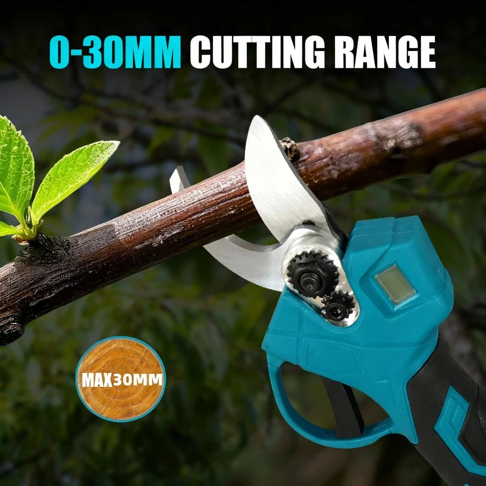 Lawnora Cordless Electric Secateurs shears with a 0-30mm cutting range on a branch against a natural background.