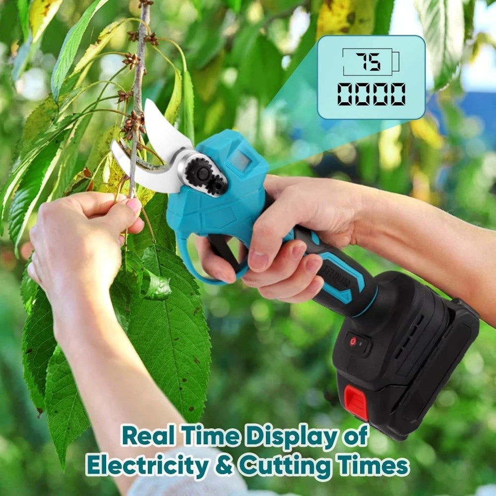 Electric pruning shears with digital display being used to trim branches, set against a green leafy background.