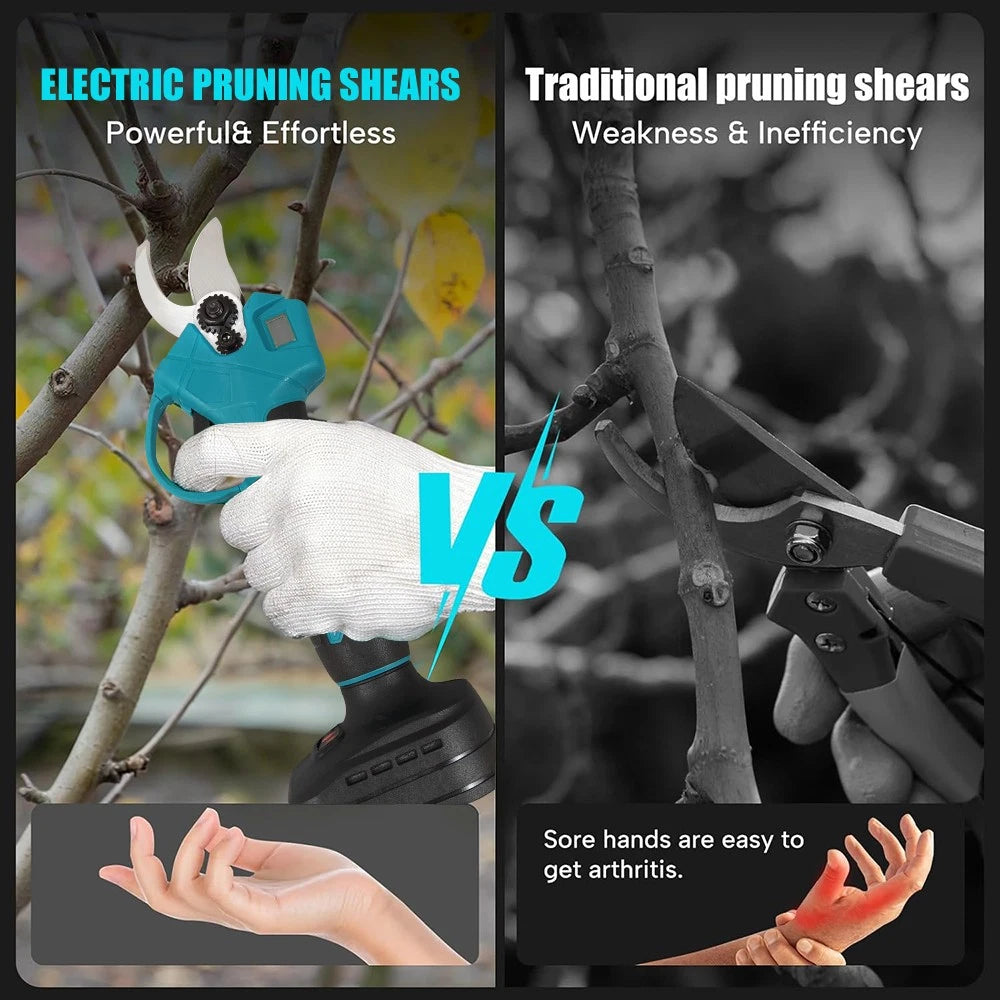 Lawnora Cordless Electric Secateurs between electric pruning shears and traditional pruners with text highlighting benefits and drawbacks.