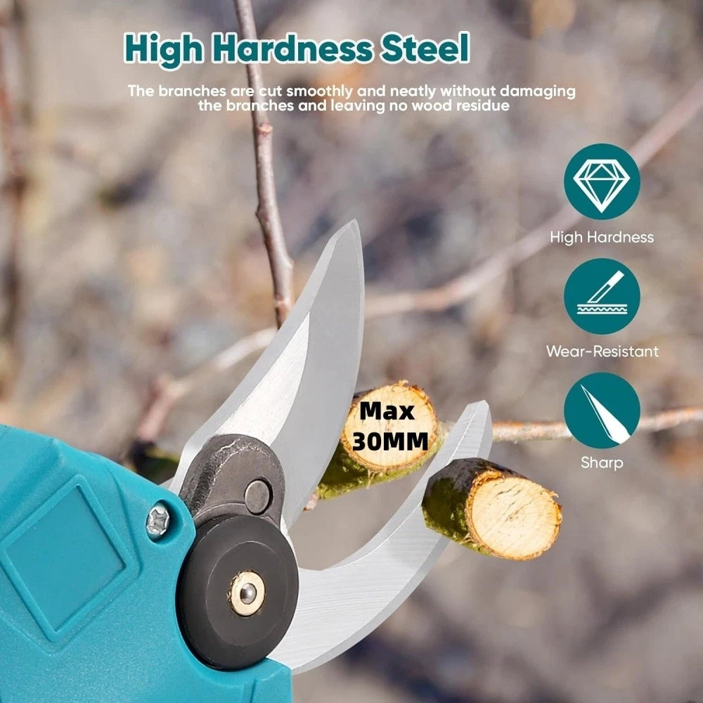 Teal gardening shear with cut branches and text highlighting features on a blurred natural background