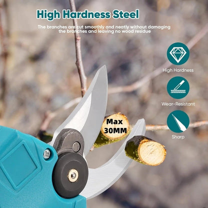 Teal gardening shear with cut branches and text highlighting features on a blurred natural background