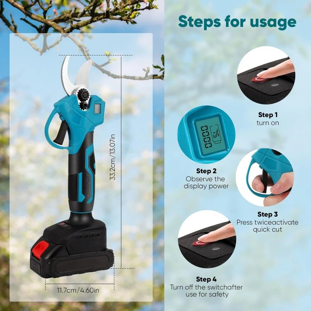 Lawnora Cordless Electric Secateurs & Pruning Shears with usage steps displayed on a blurred natural background