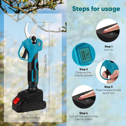Lawnora Cordless Electric Secateurs & Pruning Shears with usage steps displayed on a blurred natural background