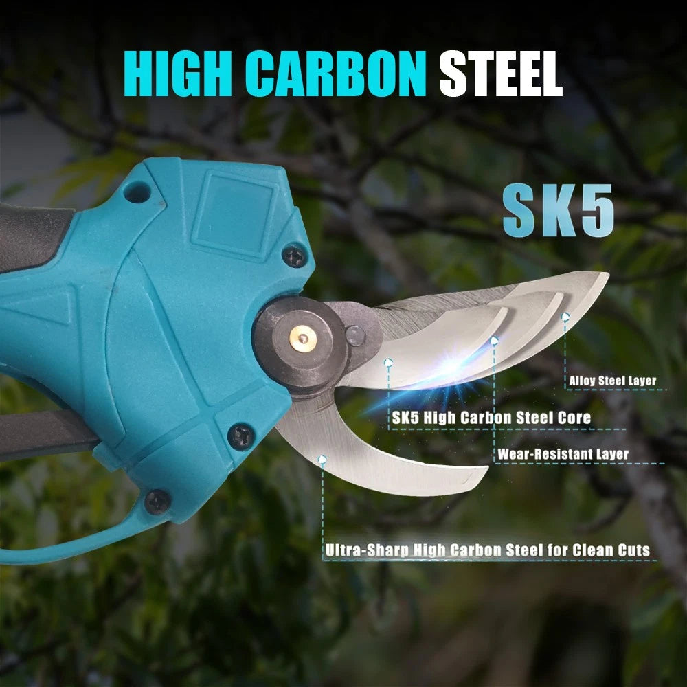 Teal garden pruner with high carbon steel SK5 blade on a blurred green background