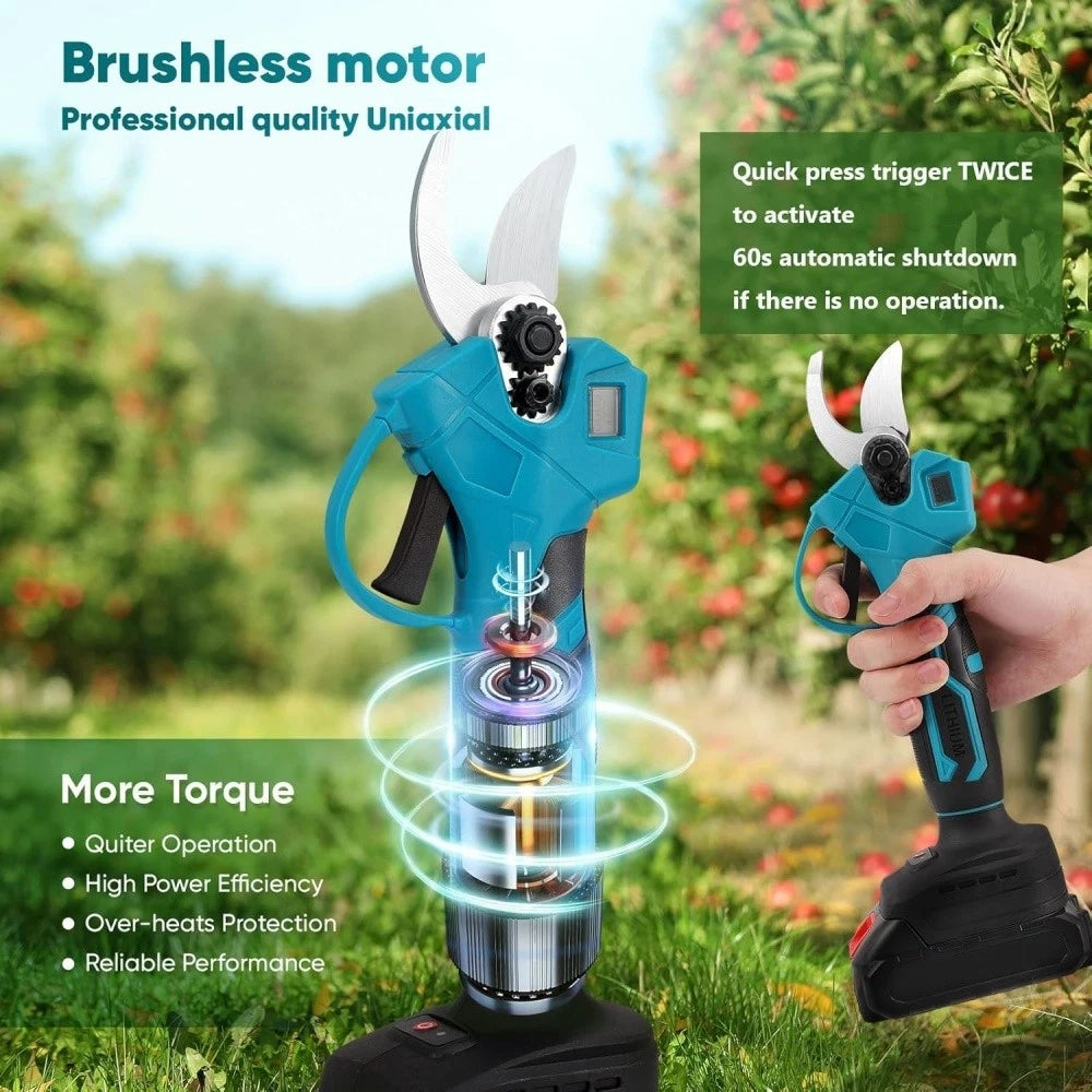 Gardening pruner with brushless motor and professional quality features, set against a garden background.