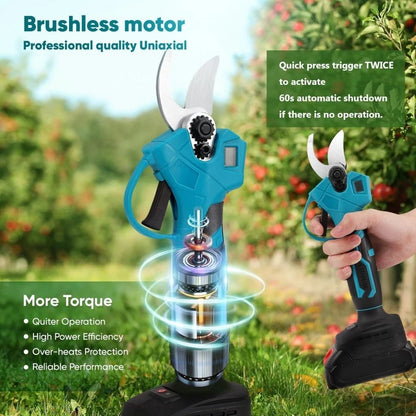 Gardening pruner with brushless motor and professional quality features, set against a garden background.