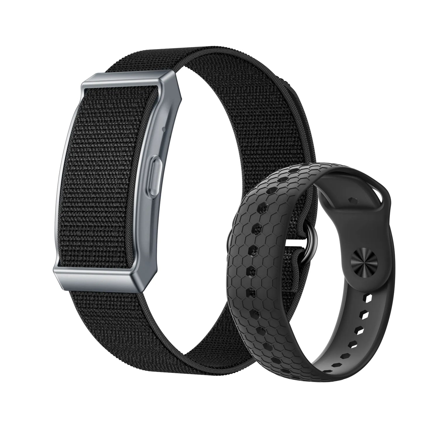 Black Lenniemart Smart Fitness Band and black honeycomb patterned band on a white background