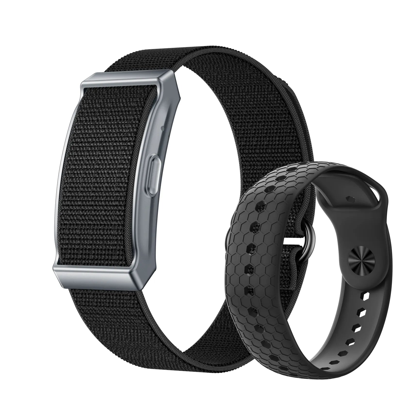 Black Lenniemart Smart Fitness Band and black honeycomb patterned band on a white background