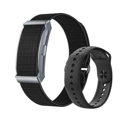 Black Lenniemart Smart Fitness Band and black honeycomb patterned band on a white background