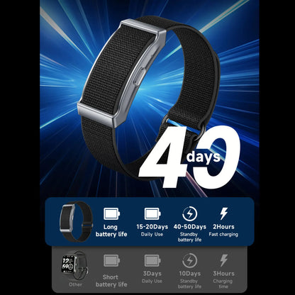 Lenniemart Smart Fitness Band with black band on a blue background displaying battery life information.