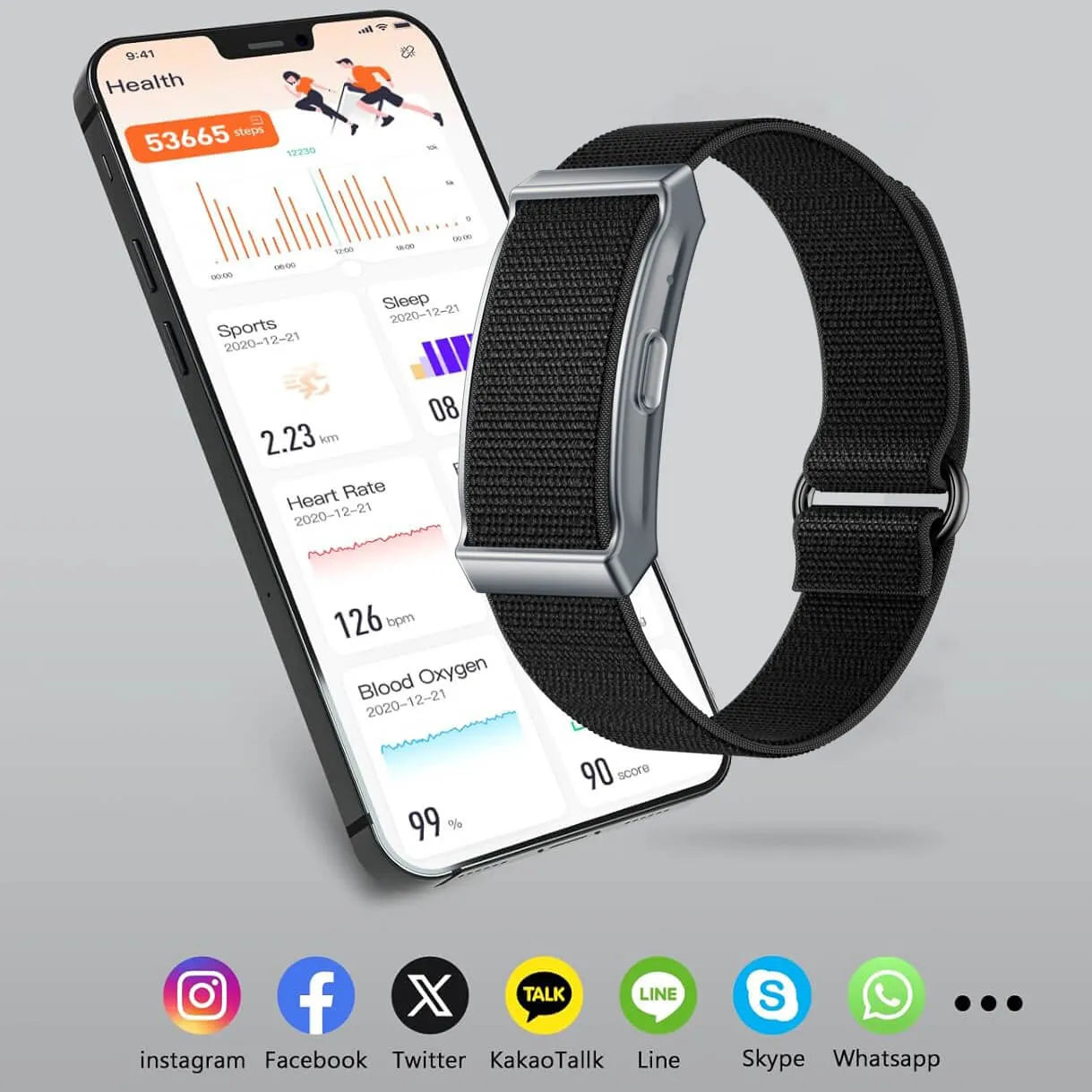 Lenniemart Smart Fitness Band displaying a health app with a fitness tracker on a gray background