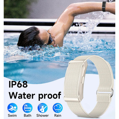 Person swimming in a pool with a Lenniemart Smart Fitness Band displayed, emphasizing water resistance.