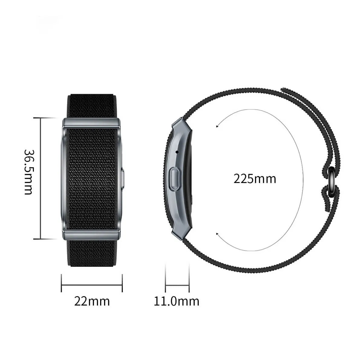 Lenniemart Smart Fitness Band with black band and measurements on a white background
