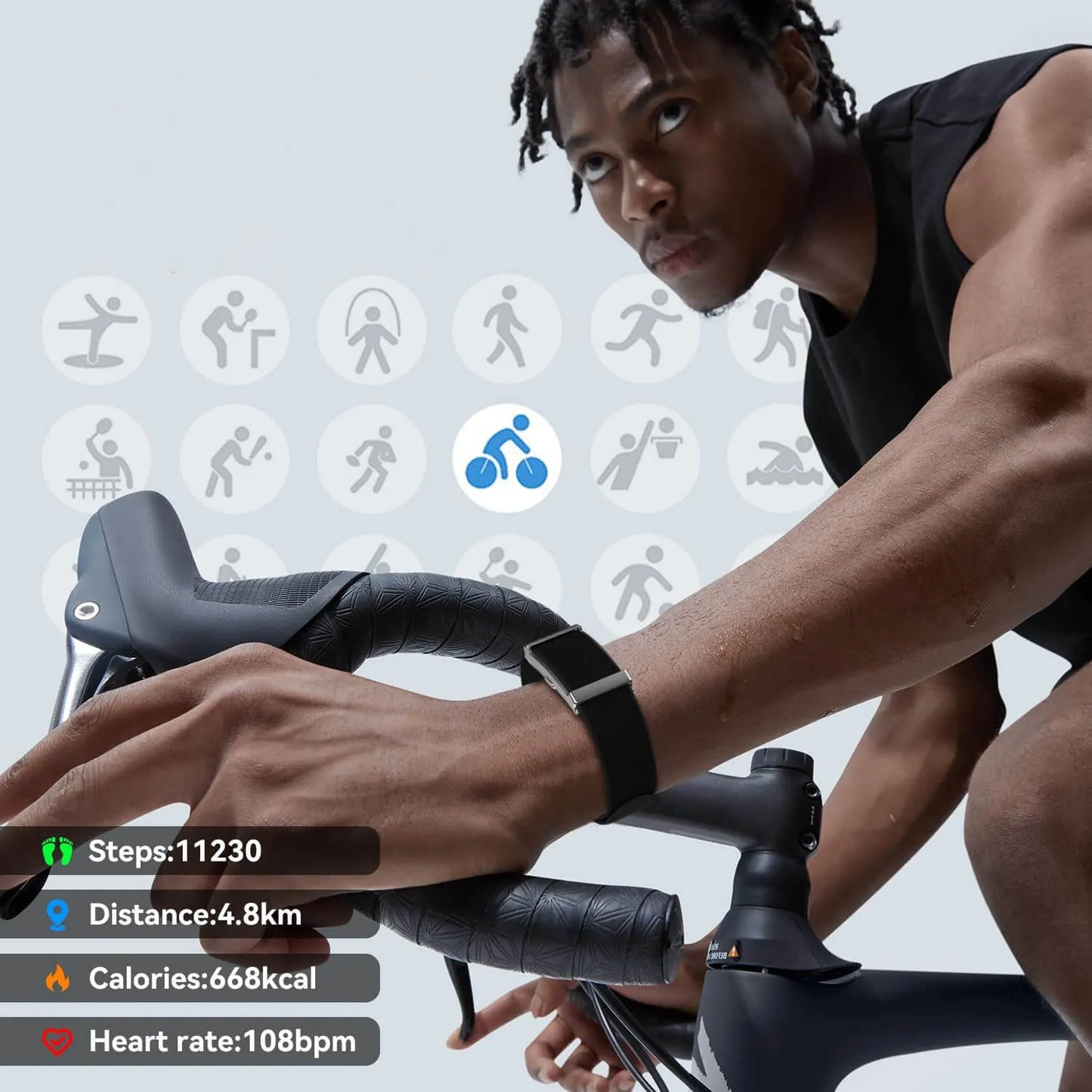 Person using a stationary bike with fitness app icons and statistics displayed.