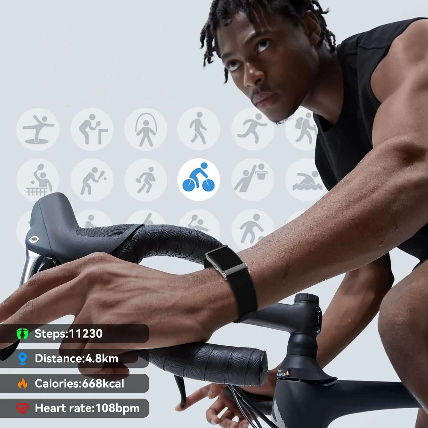 Person using a stationary bike with fitness app icons and statistics displayed.