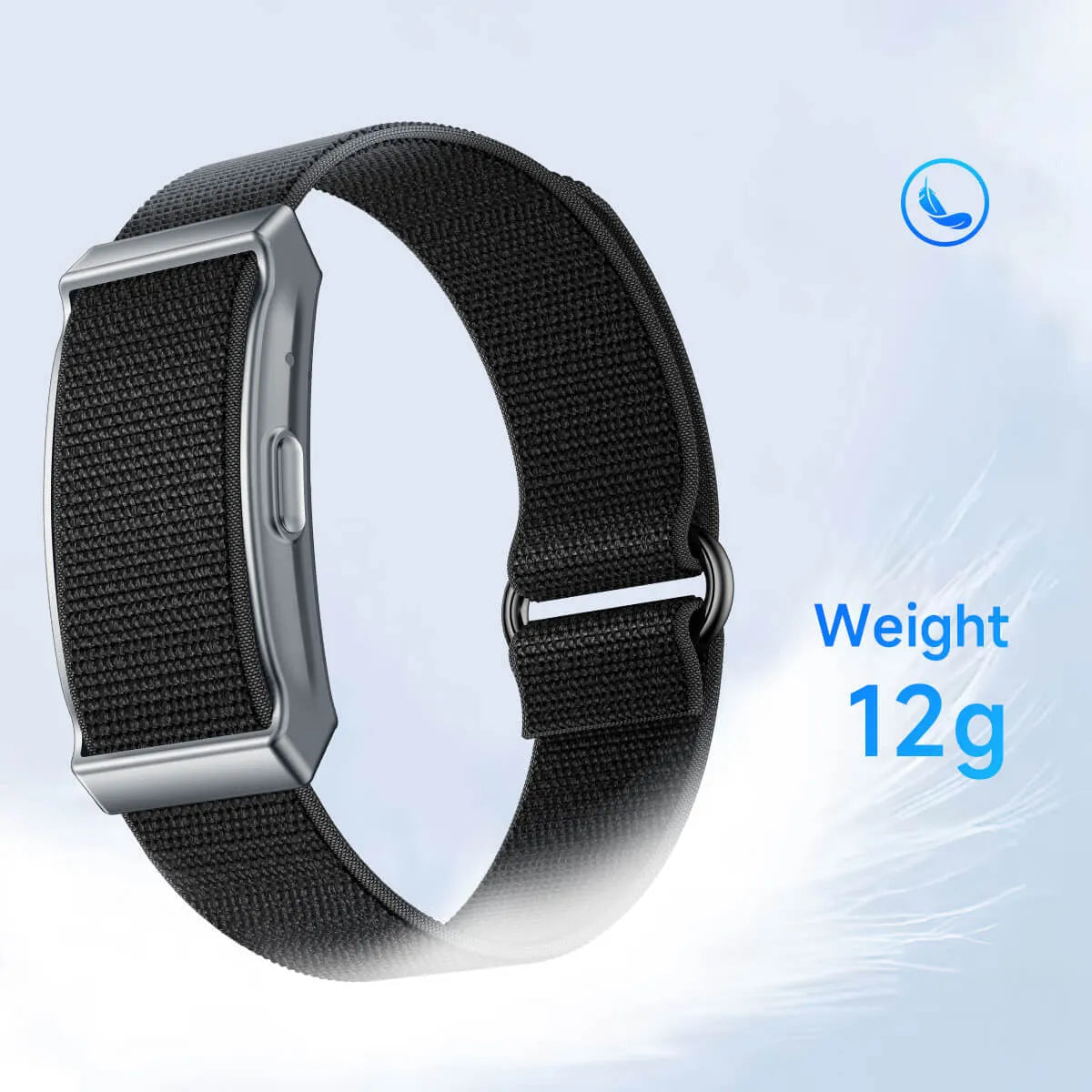Lenniemart Smart Fitness Band with a black band on a light blue background, showing the weight '12g'.