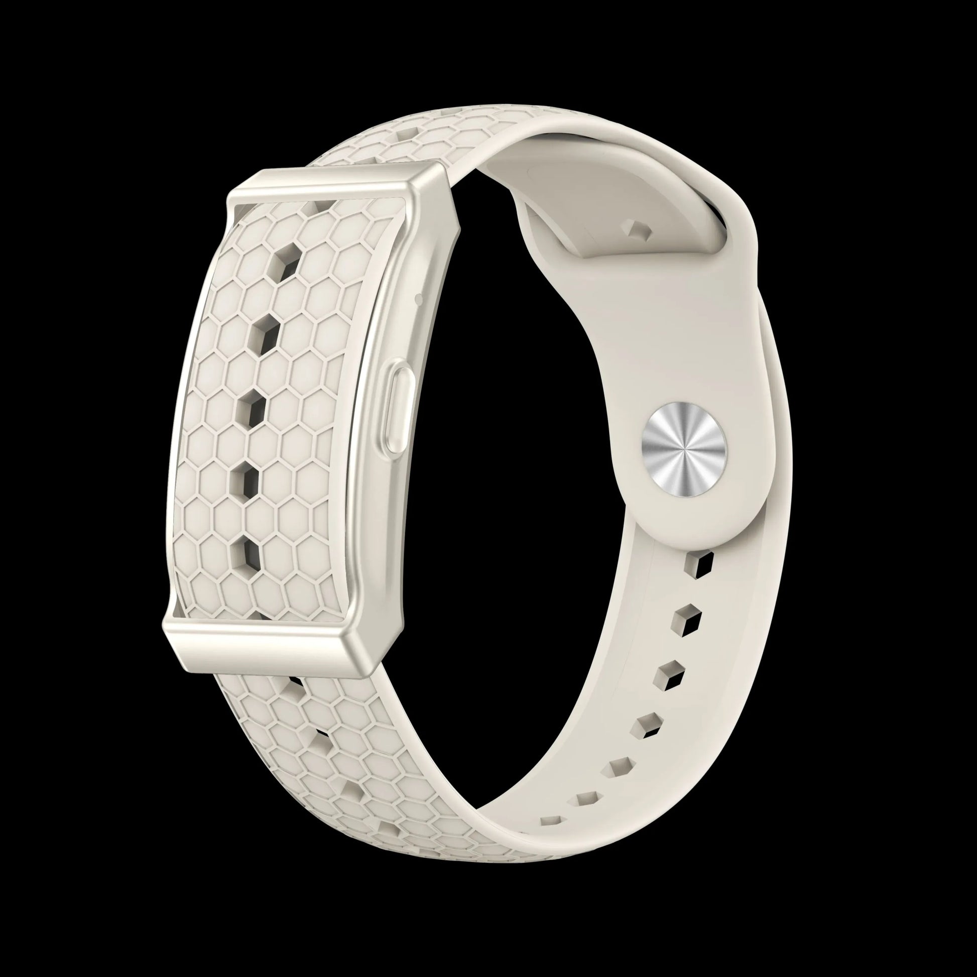 White Lenniemart smart Band with honeycomb pattern on a black background