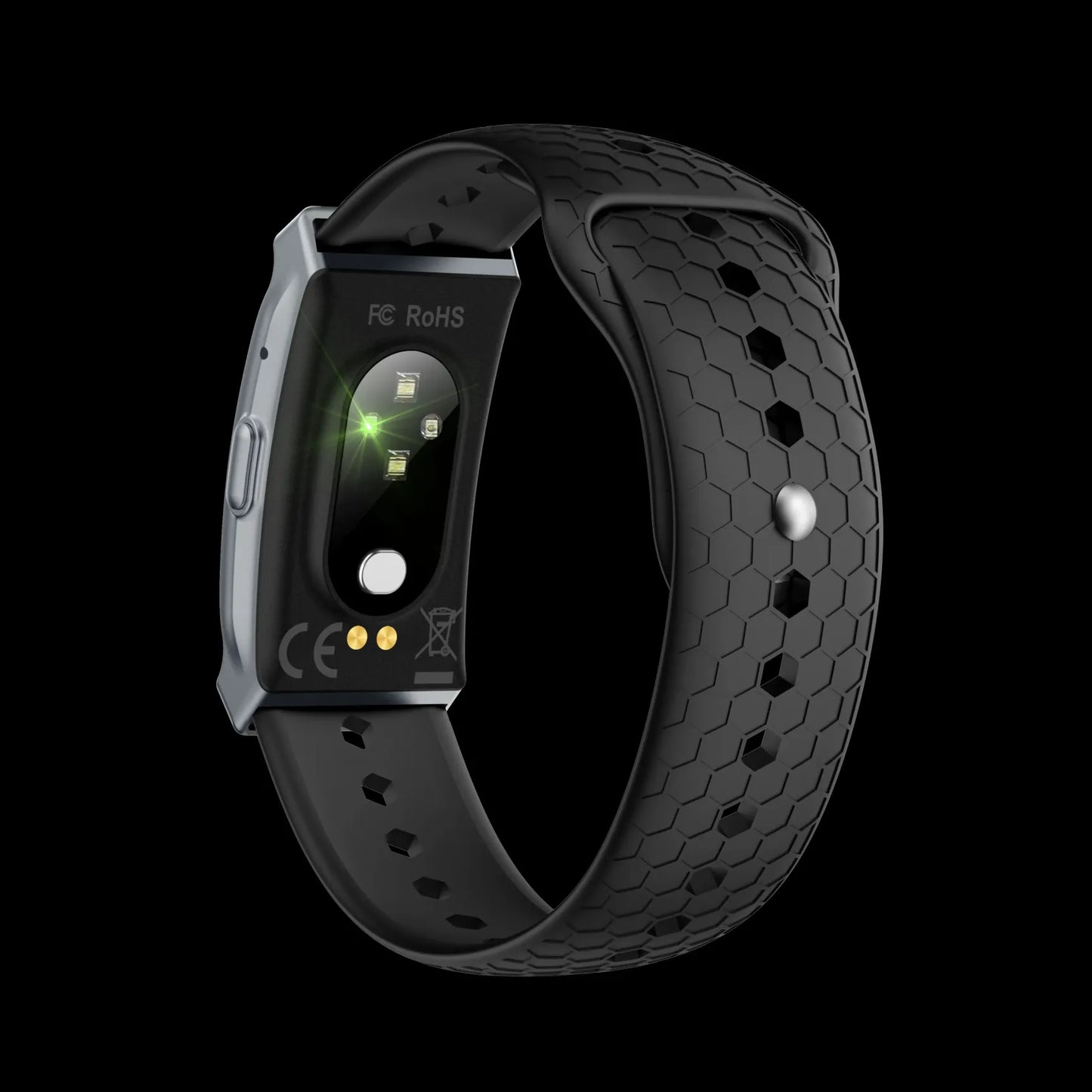 Black Lenniemart smart fitness Band with a textured band on a black background