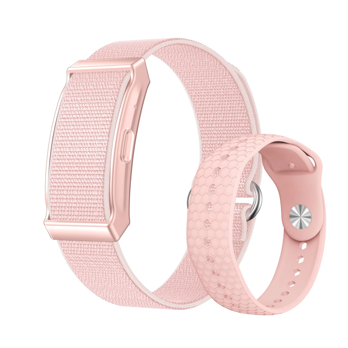 Two pink Lenniemart smart bands on a white background