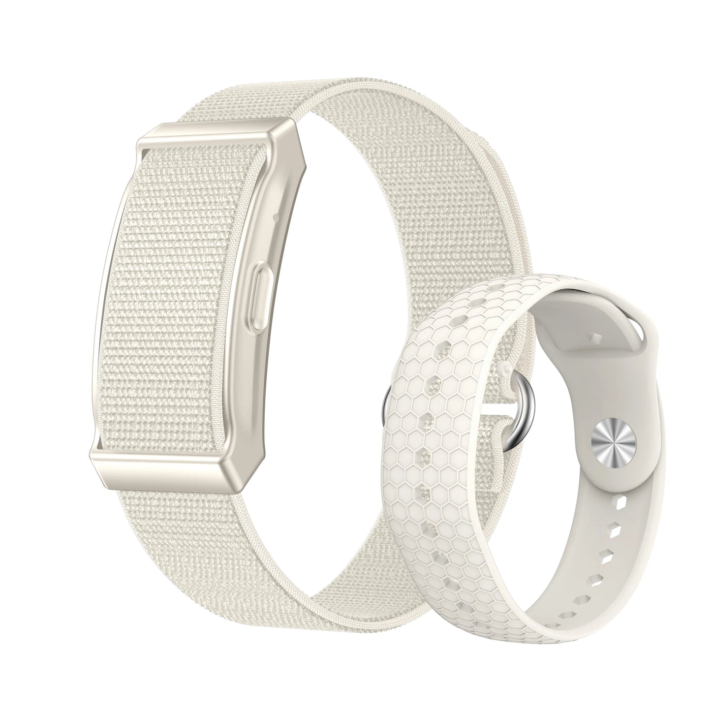 Two white Lenniemart smart Band on a white background