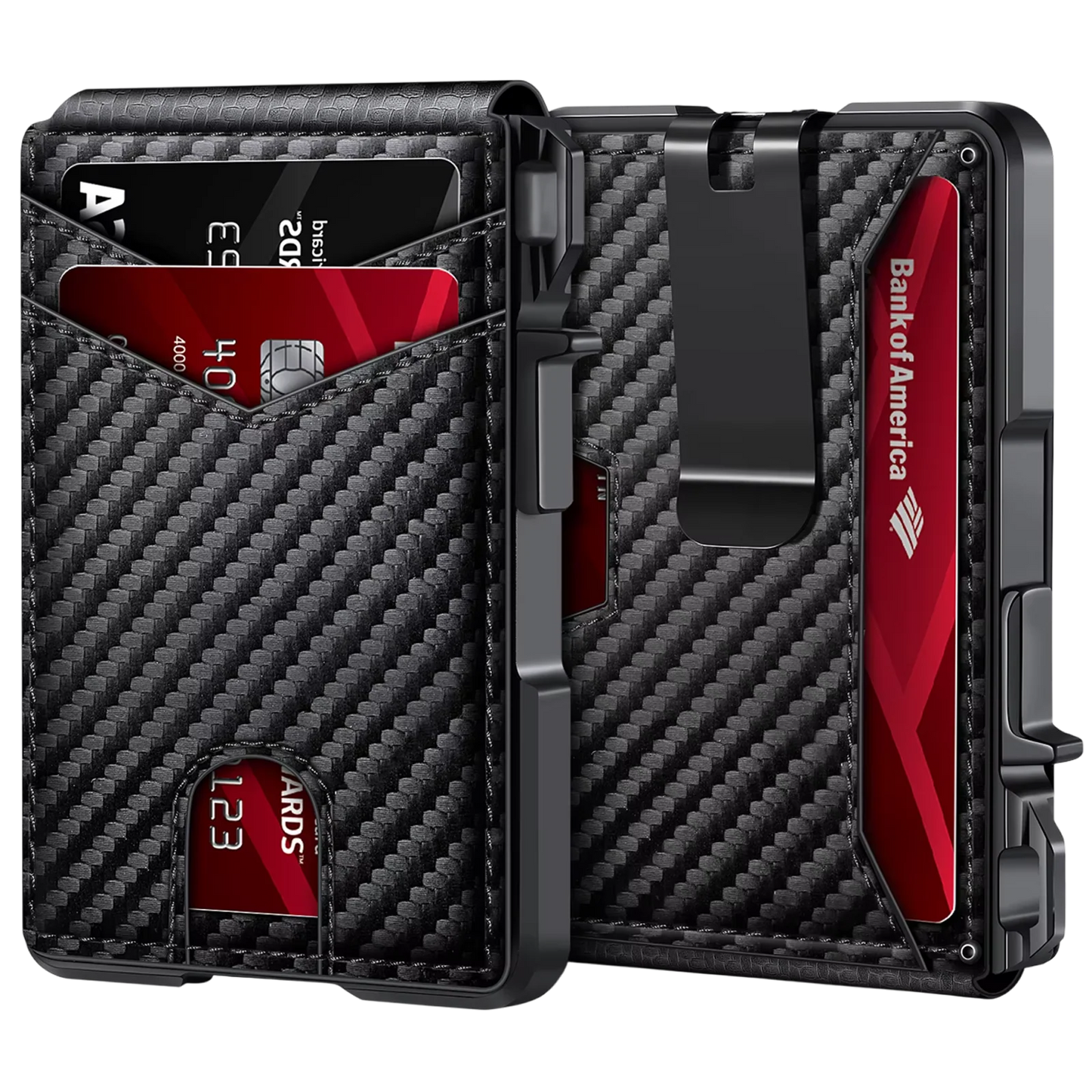 Carbon fiber texture LockiPay RFID Wallet with Bank of America card on a white background