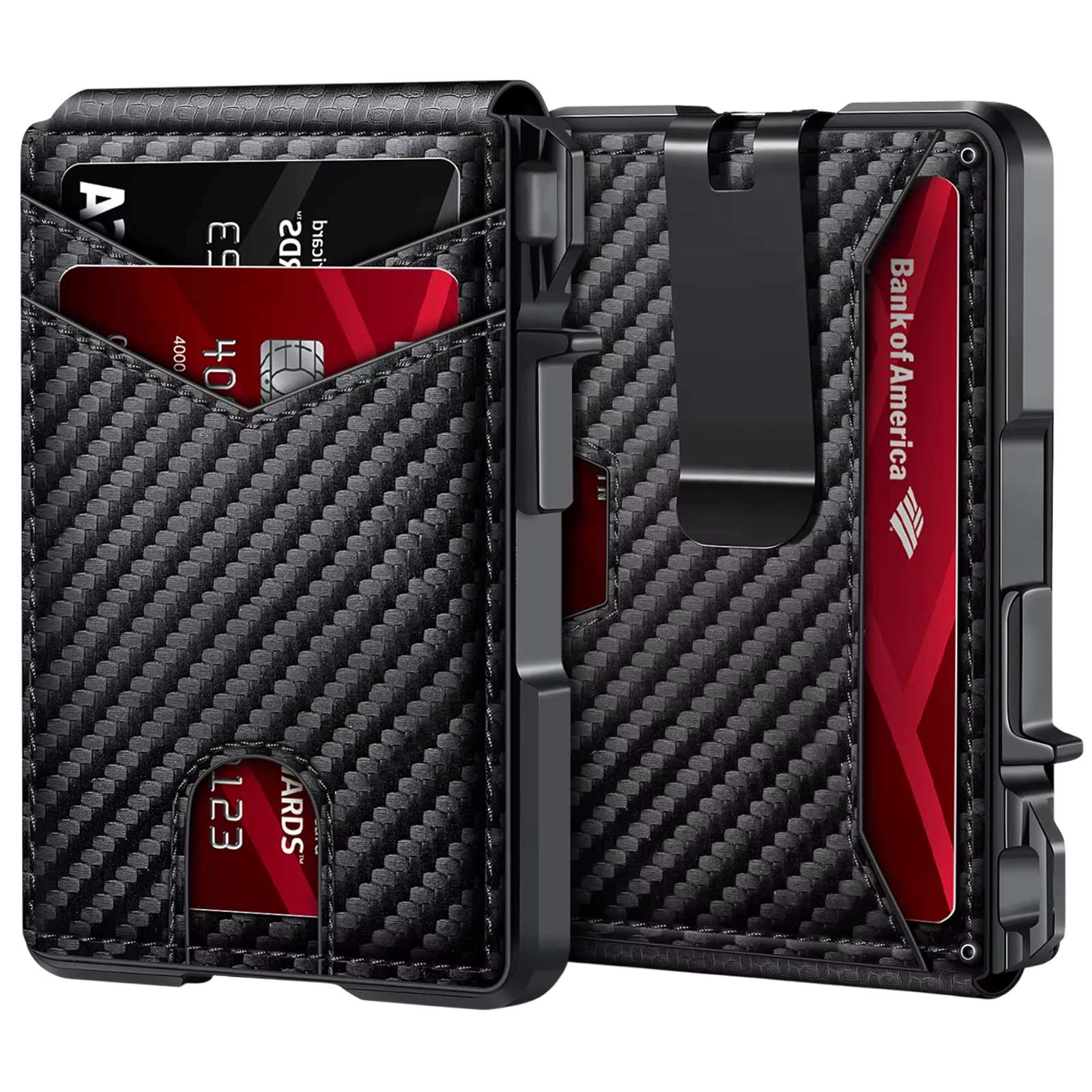 Carbon fiber texture LockiPay RFID Wallet with Bank of America card on a white background