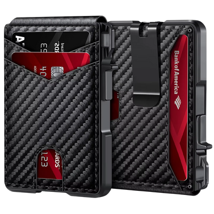 Carbon fiber texture LockiPay RFID Wallet with Bank of America card on a white background