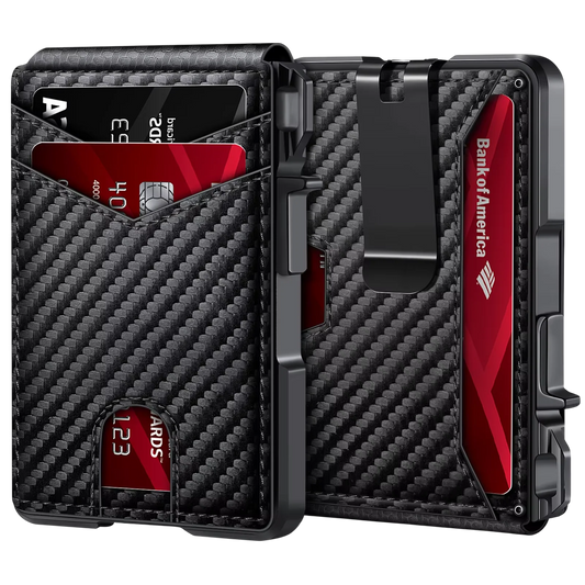 Carbon fiber texture LockiPay RFID Wallet with Bank of America card on a white background