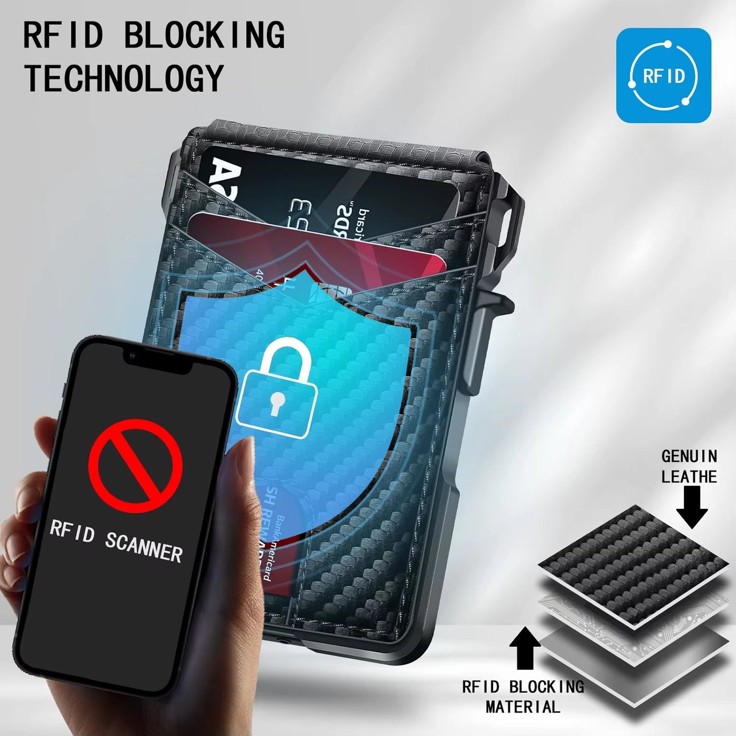 LockiPay RFID Wallet blocking technology wallet with smartphone and lock icon, highlighting genuine leather and blocking material.