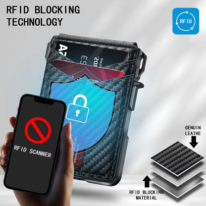 LockiPay RFID Wallet blocking technology wallet with smartphone and lock icon, highlighting genuine leather and blocking material.