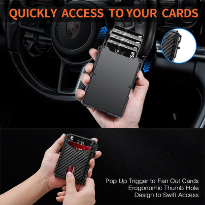 Phone case with LockiPay RFID Wallet being used in a car, highlighting features like pop-up trigger and ergonomic thumb hole.