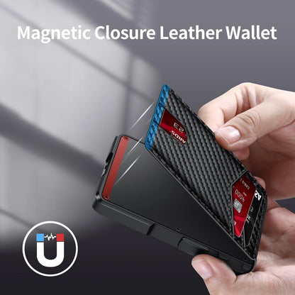 Magnetic closure leather LockiPay RFID Wallet held by a hand with a blurred background