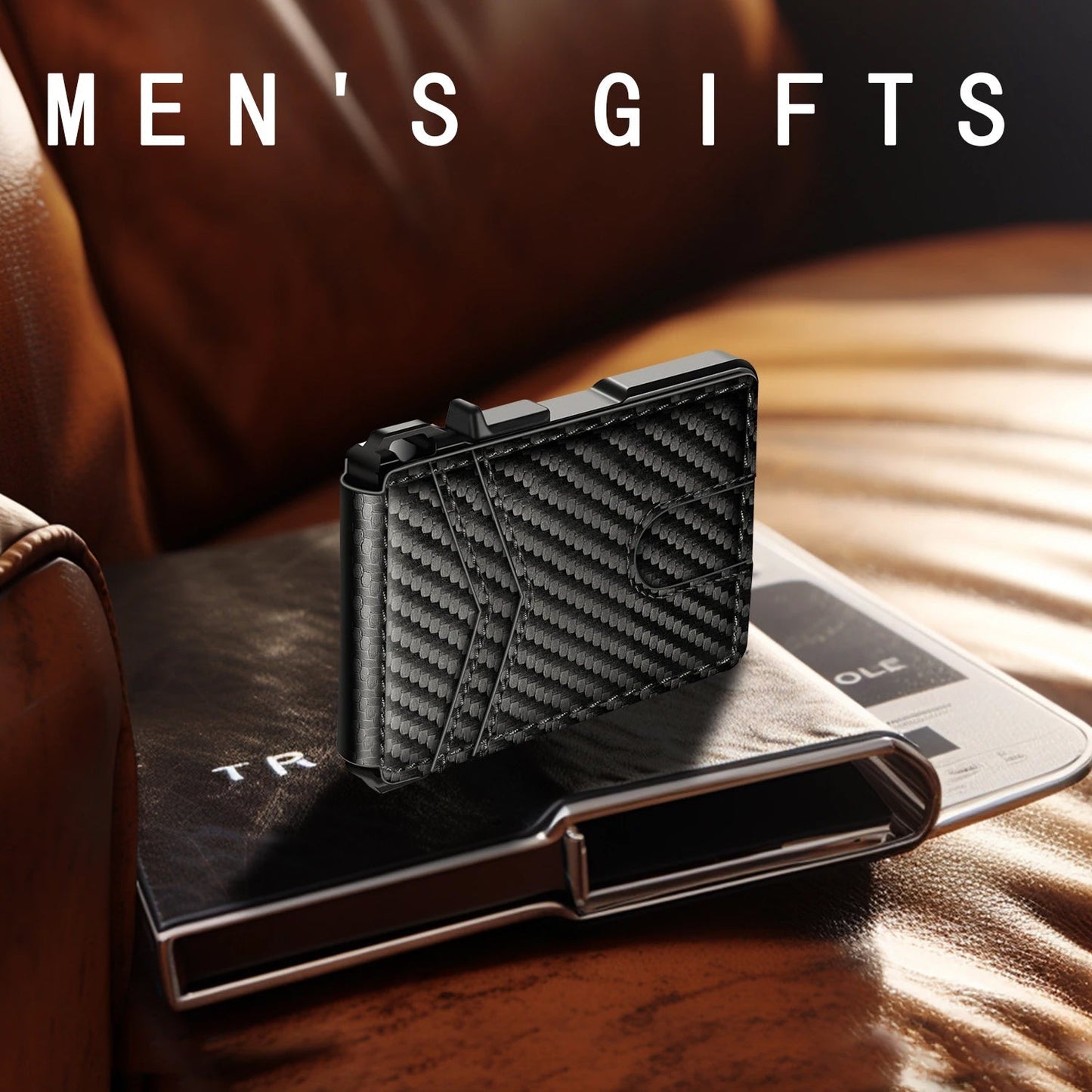 Black carbon fiber LockiPay RFID Wallet on a wooden surface with 'Men's Gifts' text above.