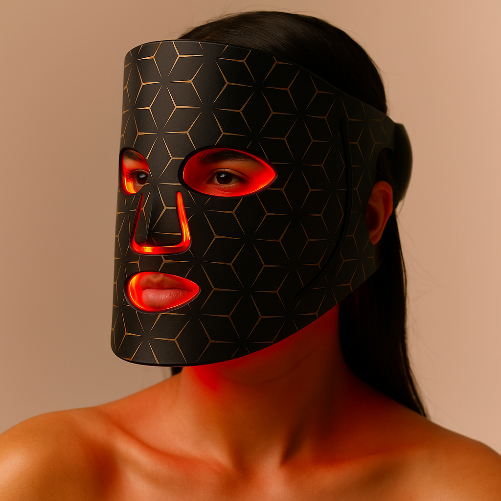 Person wearing a black LumaGlow 7-Color LED Face Mask with red accents on a beige background