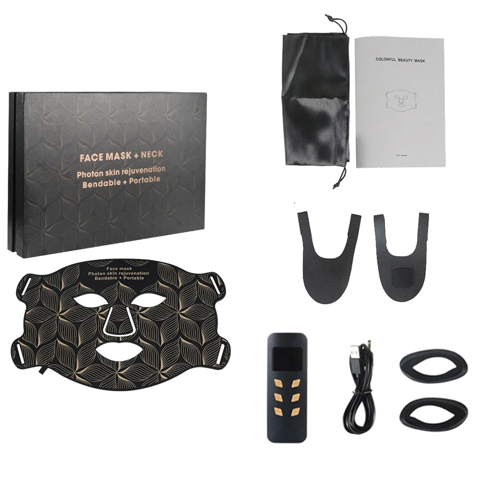 LumaGlow 7-Color LED Face Mask and neck rejuvenation kit with packaging and accessories on a white background
