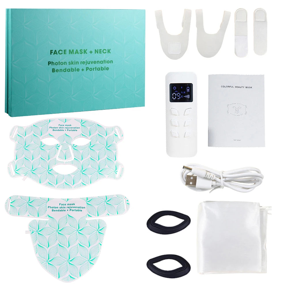 Facial rejuvenation device with LumaGlow 7-Color LED Face Mask, USB cable, and packaging on a white background