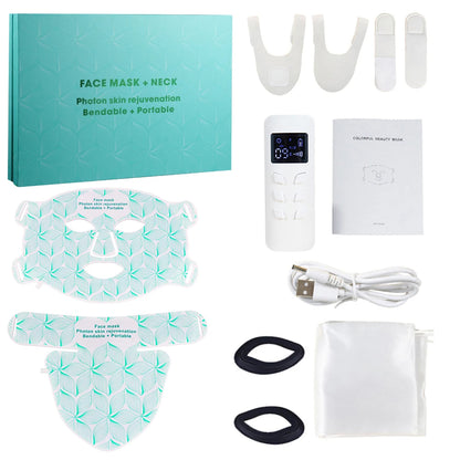 Facial rejuvenation device with LumaGlow 7-Color LED Face Mask, USB cable, and packaging on a white background