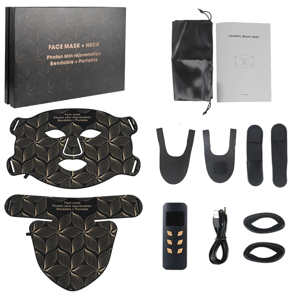 LumaGlow 7-Color LED Face Mask set with accessories on a white background