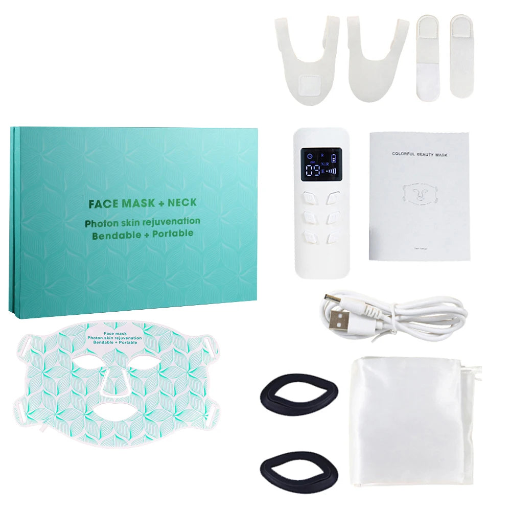 Collection of skincare products including a LumaGlow 7-Color LED Face Mask, neck device, and accessories on a white background.